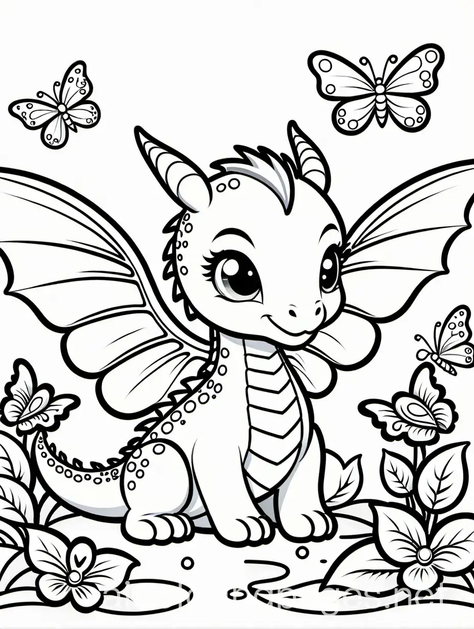 A Chibi Dragon Playing with Butterflies, Coloring Page, black and white, line art, white background, Simplicity, Ample White Space. The background of the coloring page is plain white to make it easy for young children to color within the lines. The outlines of all the subjects are easy to distinguish, making it simple for kids to color without too much difficulty, Coloring Page, black and white, line art, white background, Simplicity, Ample White Space. The background of the coloring page is plain white to make it easy for young children to color within the lines. The outlines of all the subjects are easy to distinguish, making it simple for kids to color without too much difficulty