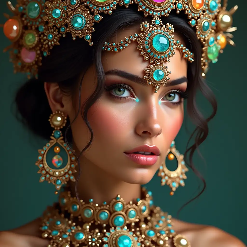 A hyperrealistic portrait of a beautiful Brazilian woman wearing intricately detailed, colorful and futuristic jewelry.