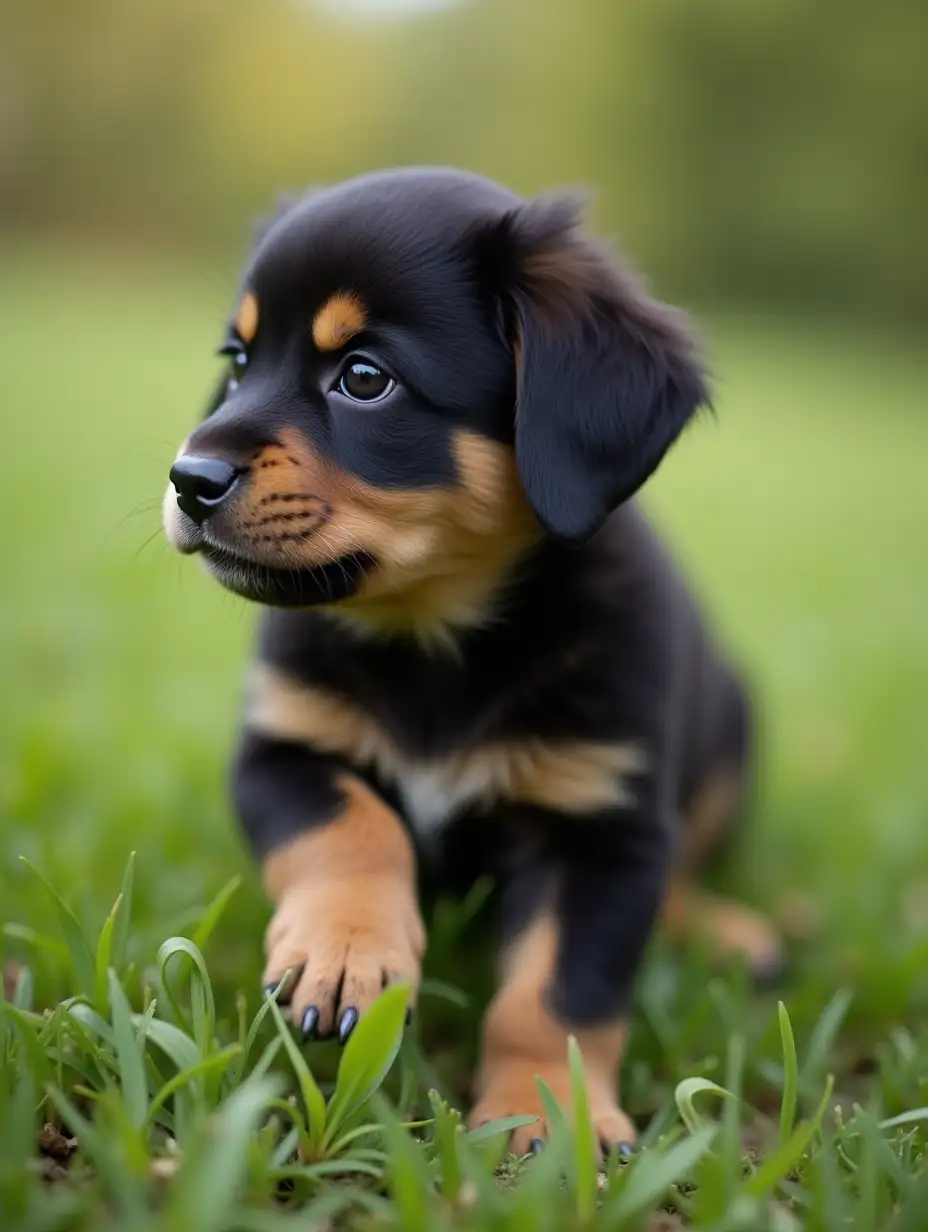 A little puppy that is black and beige on the paws, lost playing in the park