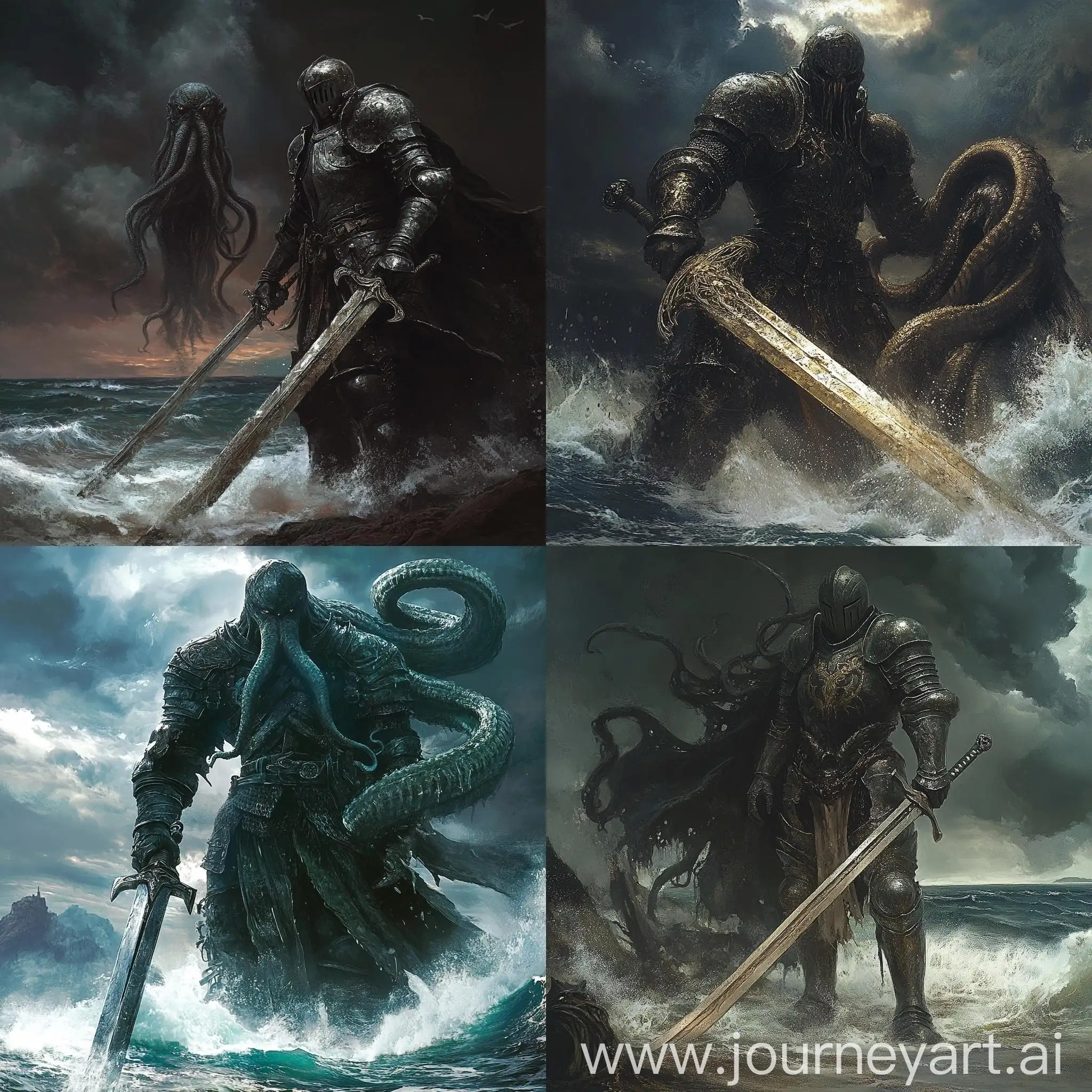 Grim-Knight-Dueling-Cthulhu-with-Massive-Sword-in-Ocean-Battle