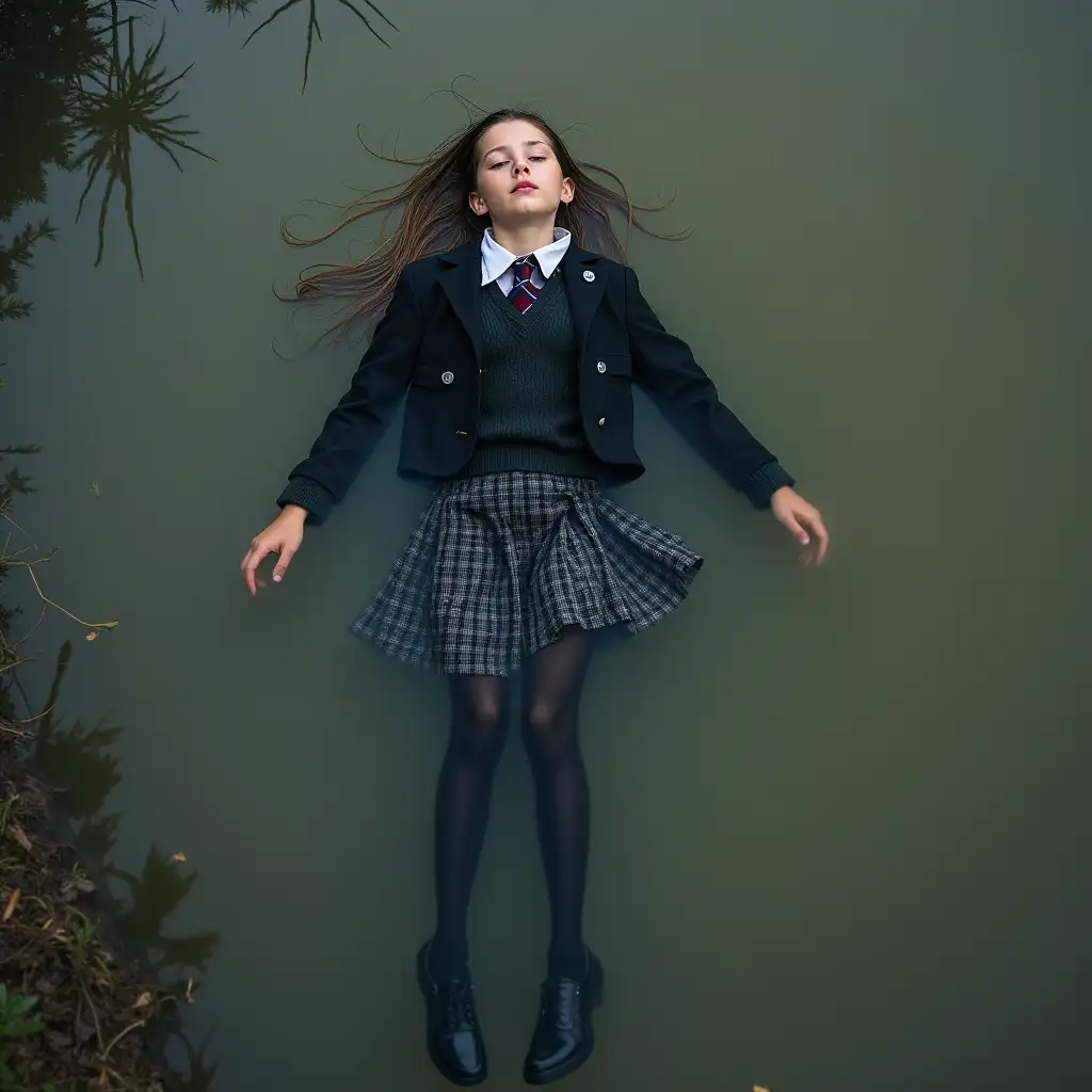 A young schoolgirl in a school uniform, in a skirt, jacket, blouse, dark tights, high-heeled shoes. She is swimming in a dirty pond, lying under water, all her clothes are completely wet, wet clothes stick to her body, the whole body is under water, submerged in water, under the surface of the water, below the water's edge.