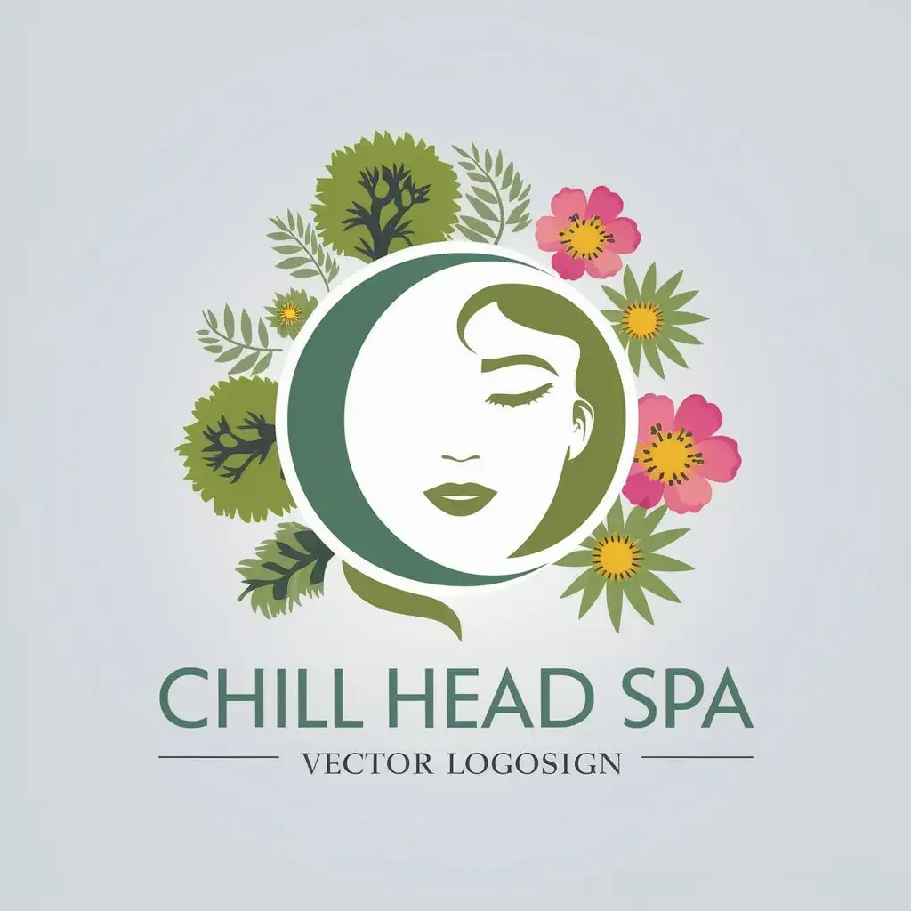 LOGO Design for Chill Head Spa Vector Design with Girls Face Tree and Flower