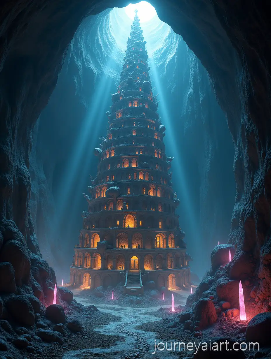 Reversed-Tower-of-Babel-Inside-a-CrystalIlluminated-Cave-in-Fantasy-Medieval-Style