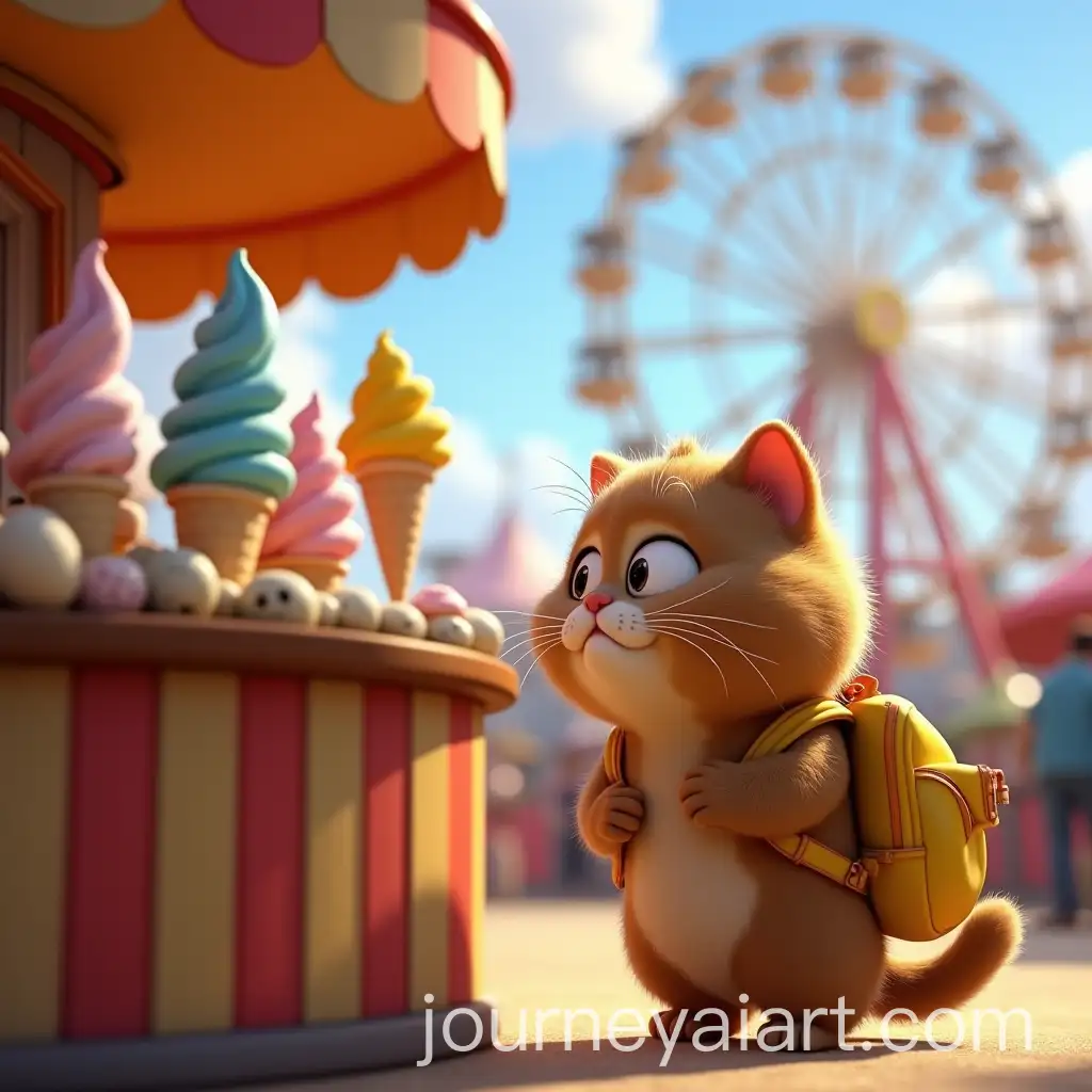 Chubby-Brown-Pixar-Cat-with-Yellow-Backpack-at-Carnival-Ice-Cream-Stall