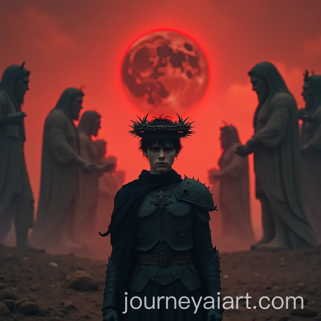 Young-Man-in-Black-Armor-Amidst-Crumbling-God-Statues-in-Dark-Fantasy-Scene