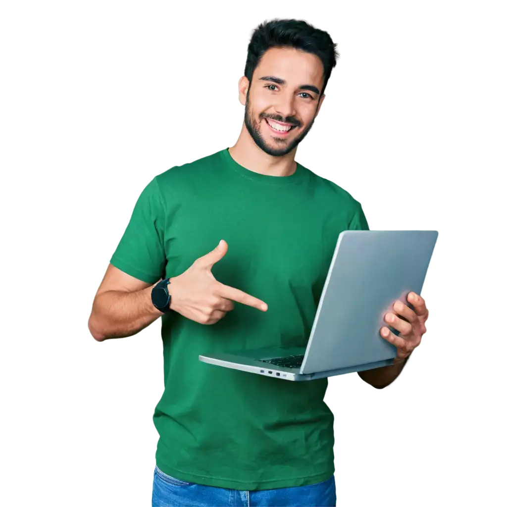 Happy-Person-with-a-Laptop-in-Green-Shirt-PNG-Image-for-Versatile-Applications