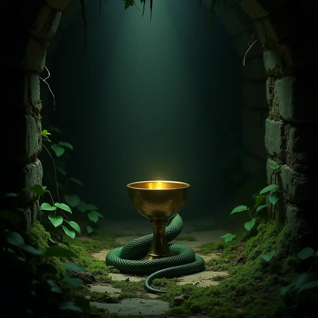 Golden-Chalice-with-Green-Snake-in-Mossy-Overgrown-Setting