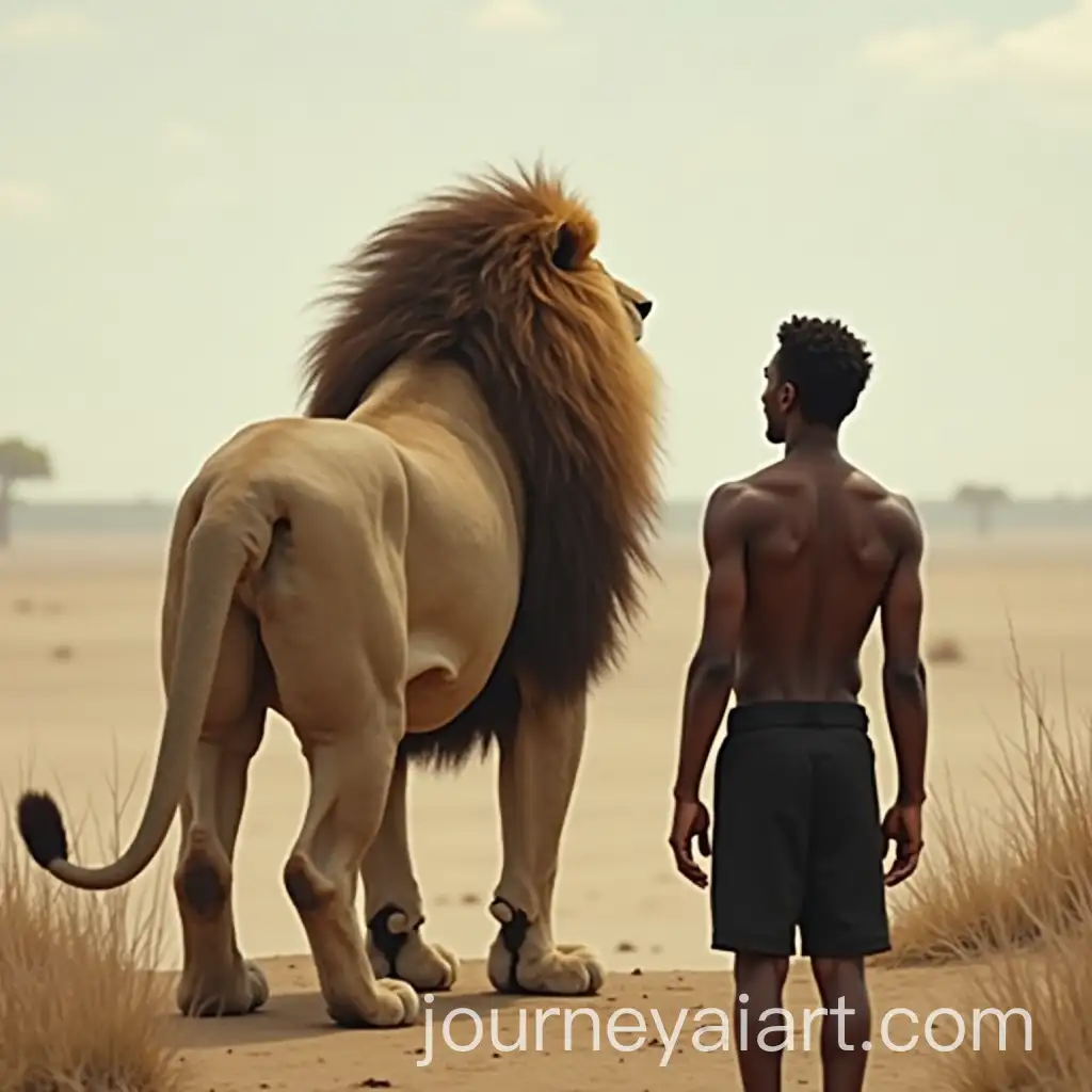 Muscular-Lion-Facing-Frightened-Man-in-a-Savanna-Landscape