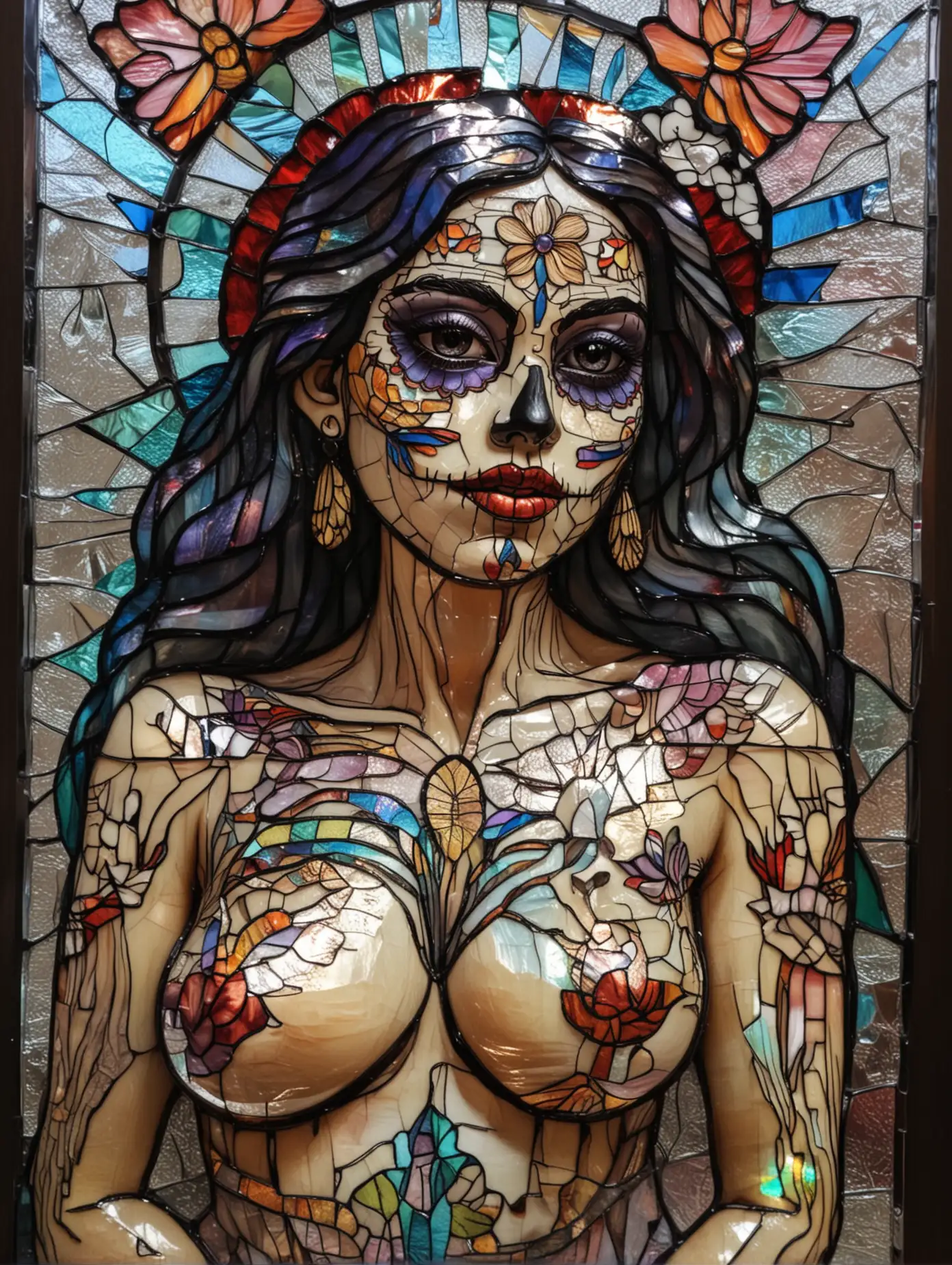 Bright iridescent Stained glass  of naked beautiful Mexican woman, day of the Dead.