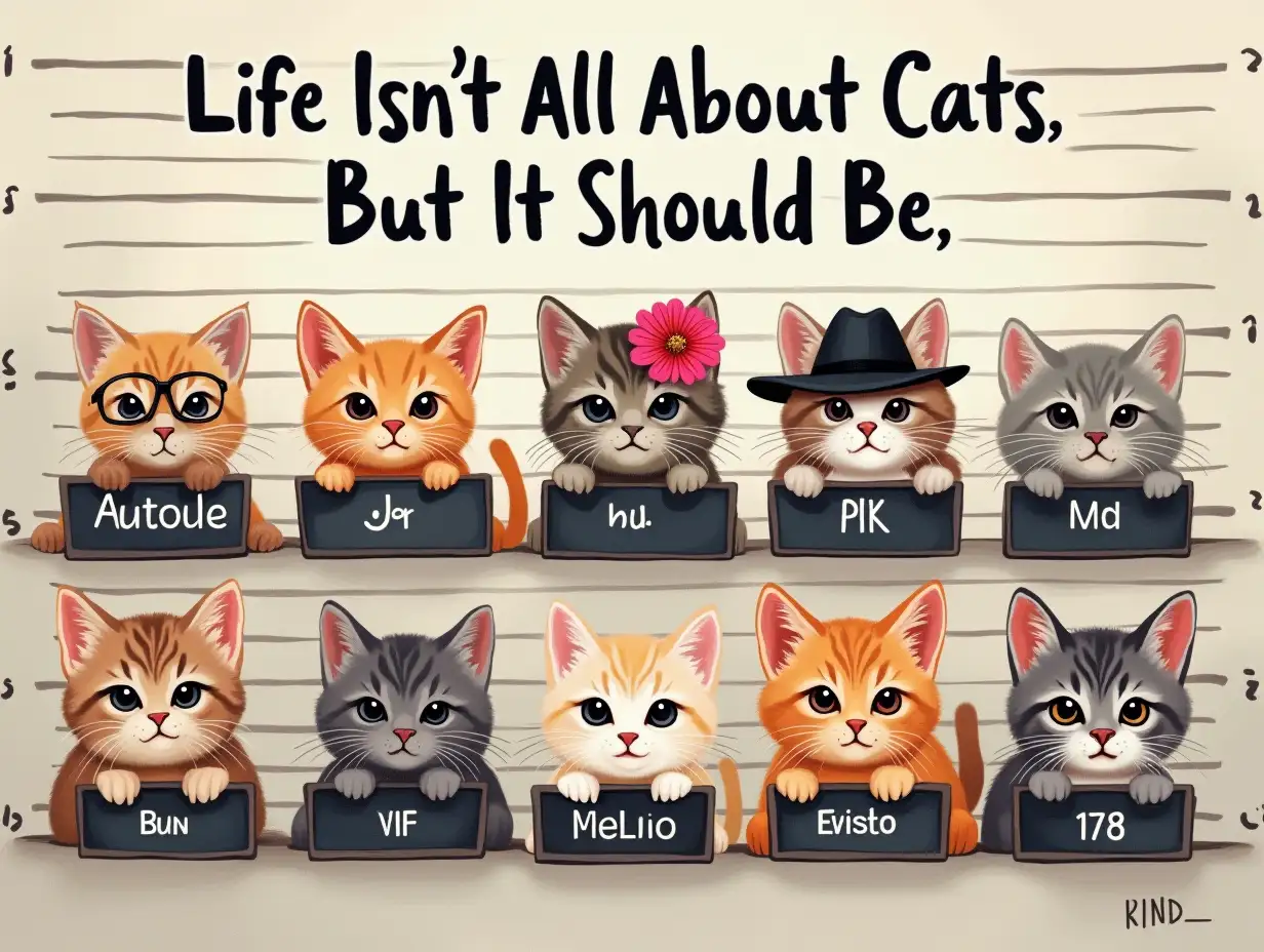 Vector. eight cute kittens in mugshots, featuring the word 'Life Isn't All About Cats But It Should Be' in bold, centered eight cute kittens. The kittens are wearing different accessories, such as flowers, hats, and glasses. The background is a wall used to take pictures of criminals. impressionistic style