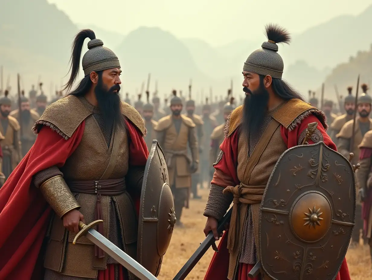 In a wide area, two ancient Chinese, in war attire with swords and shields, squinty-eyed, Genghis Khan and his 1000 are speaking