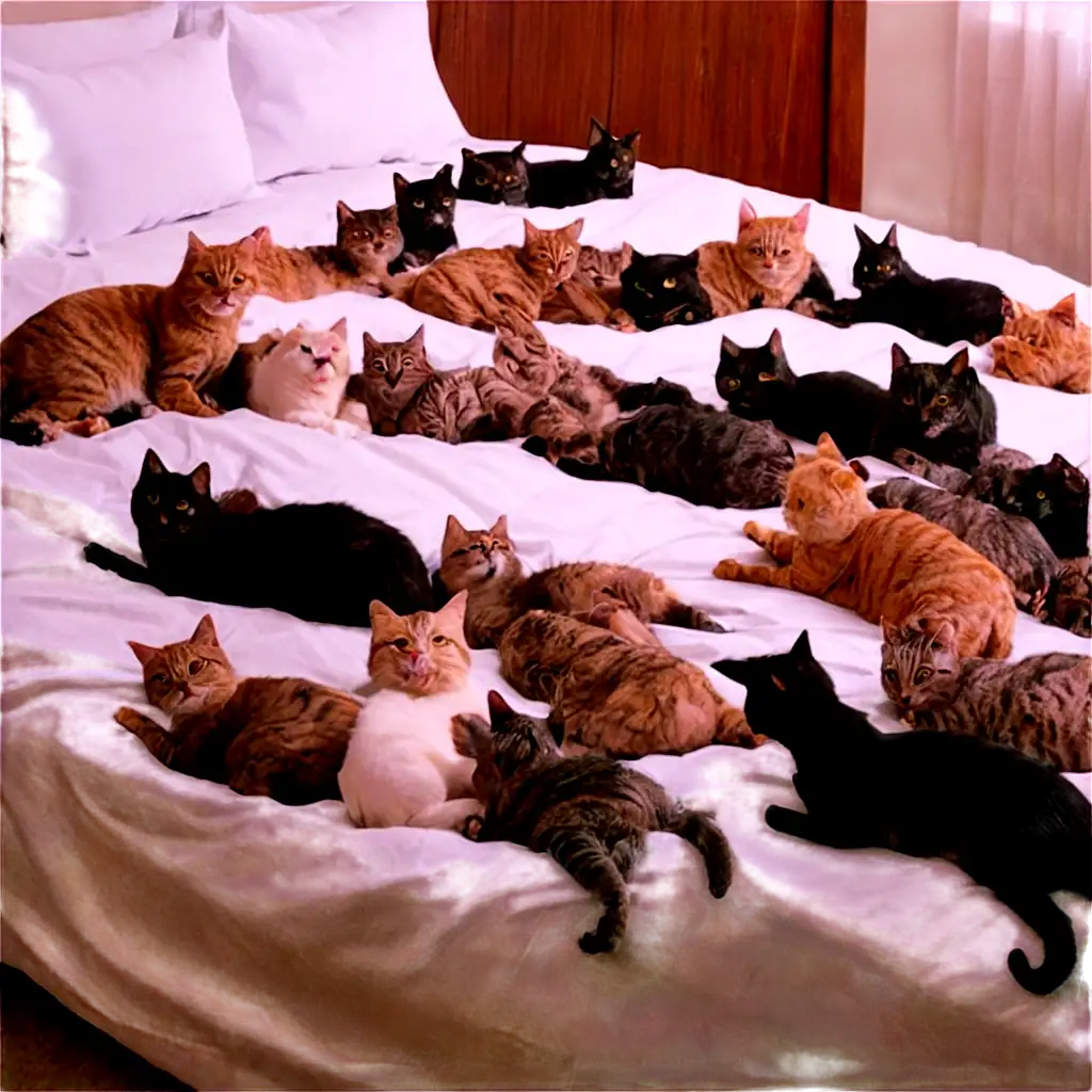 PNG-Image-of-a-Bed-Covered-with-Dozens-of-Cats-Capturing-Whimsy-and-Comfort