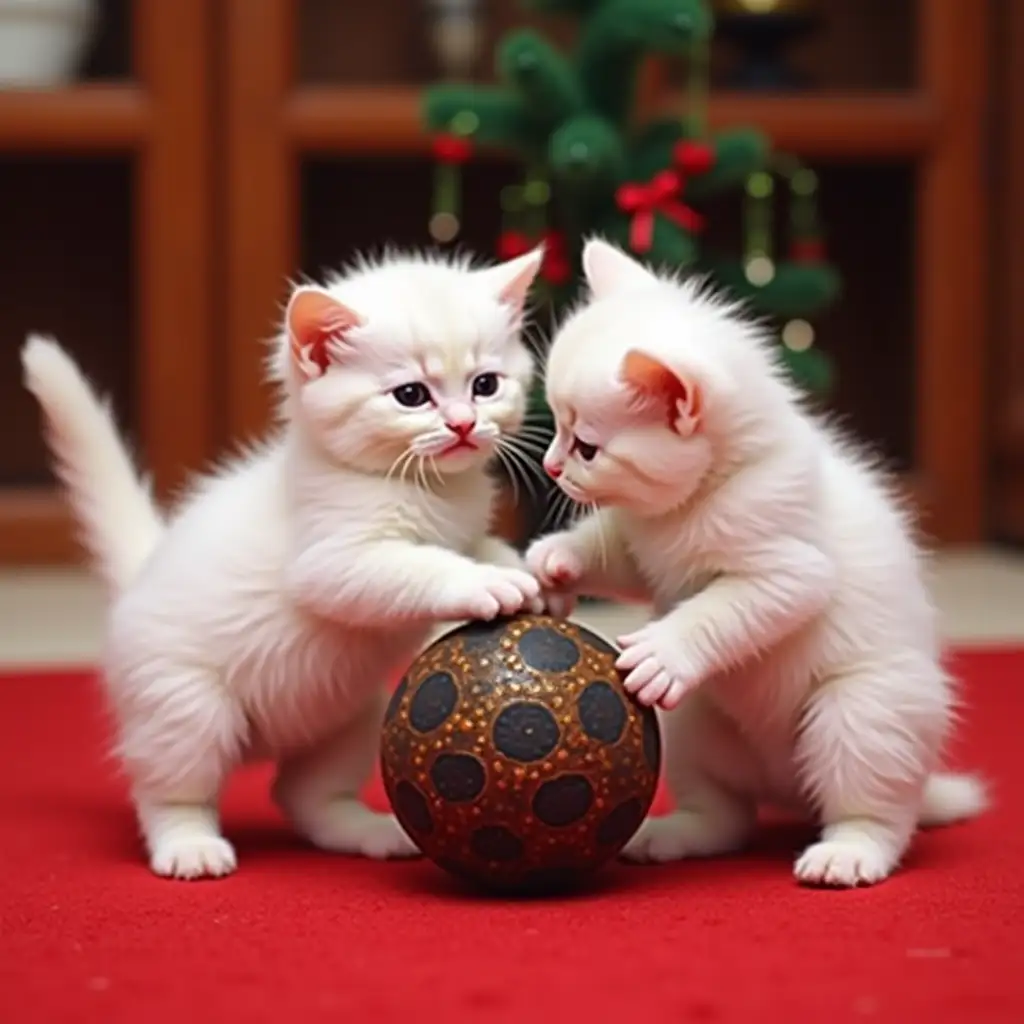 Generate an image of two white kittens playing with a ball on a red carpet with black and green decorations.