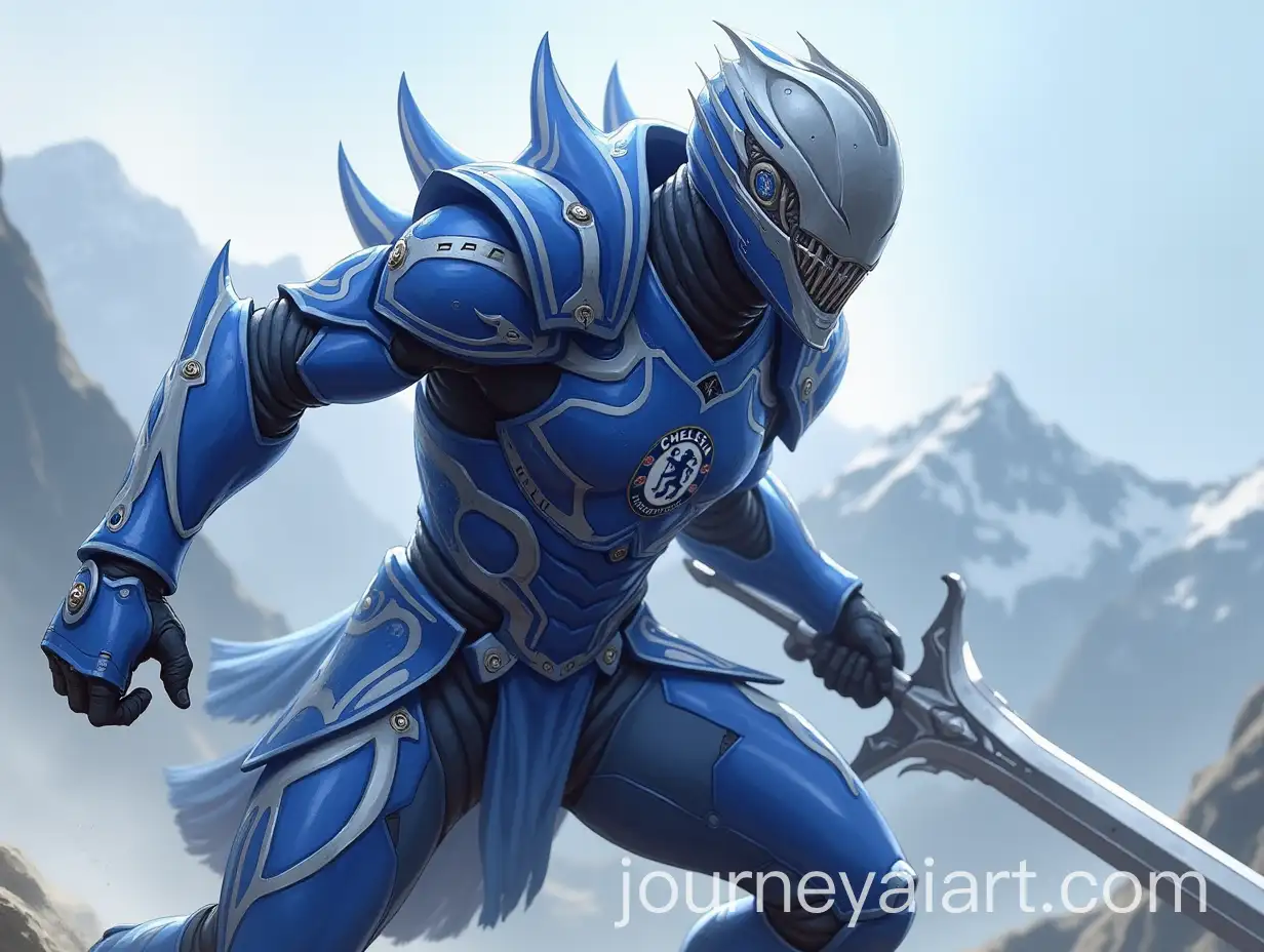 Futuristic-Chelsea-Football-Club-Warrior-with-Blade-in-Mountainous-Setting
