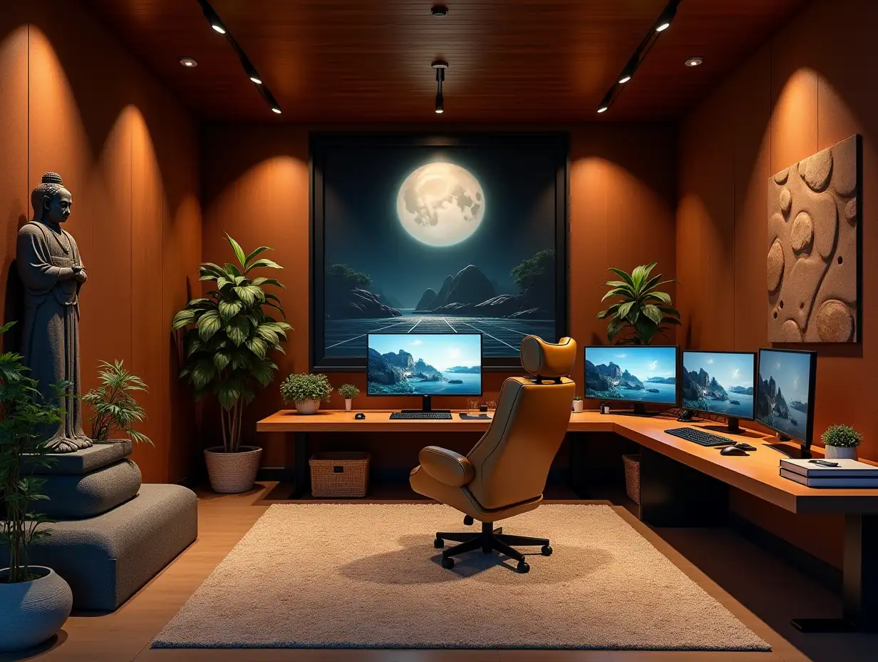 large gaming room brown with three monitors, lighting with furniture with large statue at the Zen garden with carefully tended rocks, a meditative 180 degree shots 8K resolution colorful