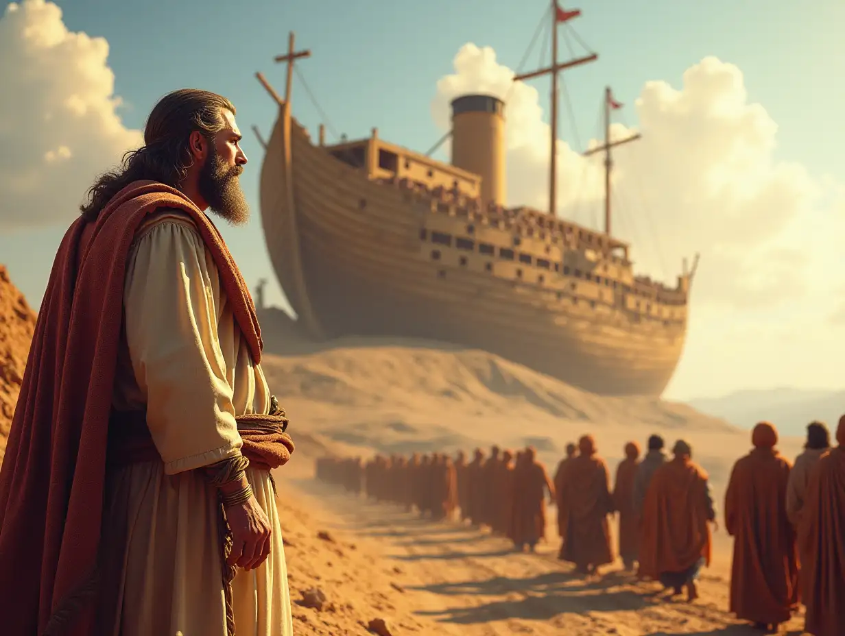 Prophet Noah was supervising the construction of a large ark on a hill. In the background, people can be seen mocking him. The figure of Prophet Nuh appeared taller than his followers.