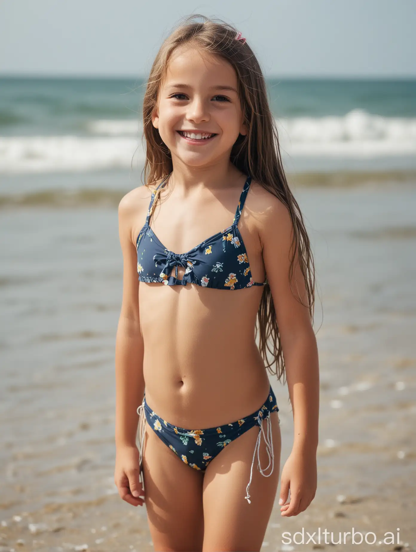 9 years old girl, long hair, string tiny swimsuit, smile, at the beach