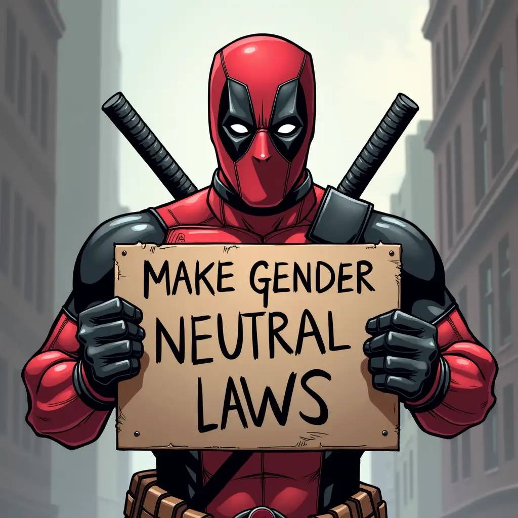 Marvel character Deadpool holding a sign board written on that 'Make gender neutral laws offollowing user_prompt: Marvel character Deadpool holding a sign board written on that 'Make gender neutral laws'