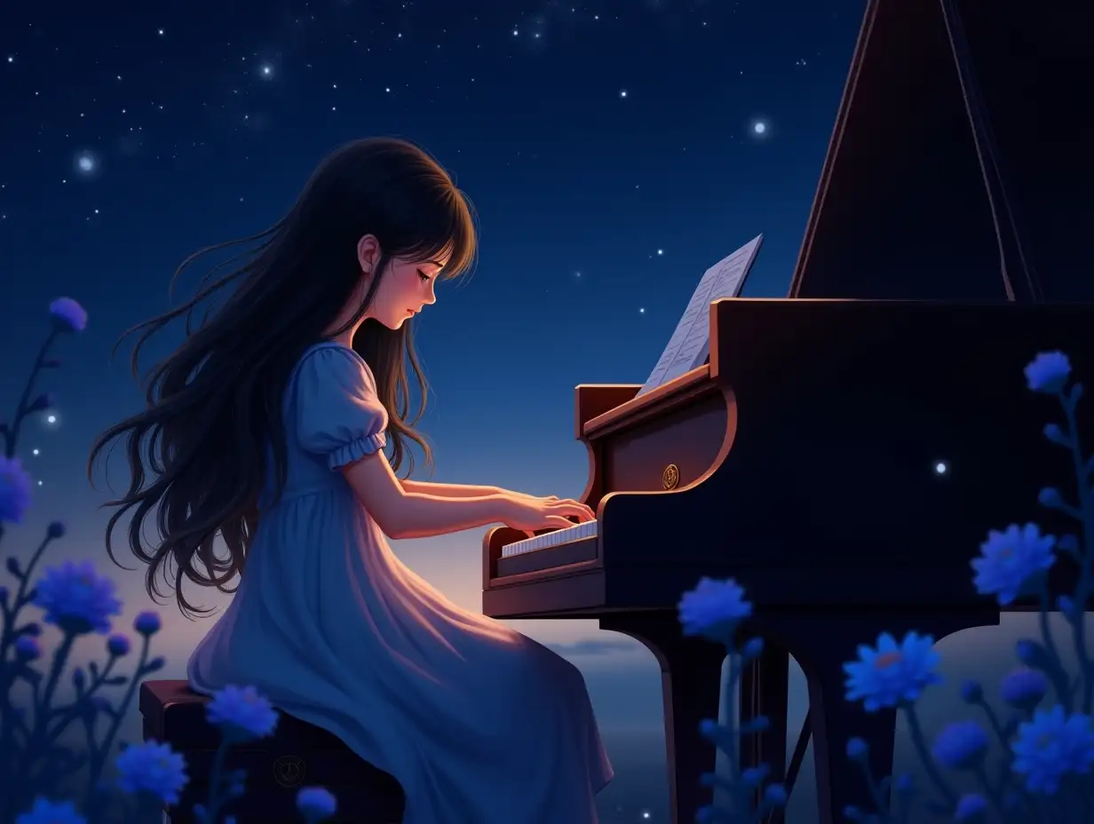 Young-Girl-Playing-Piano-Under-Starry-Night-in-a-Magical-Garden