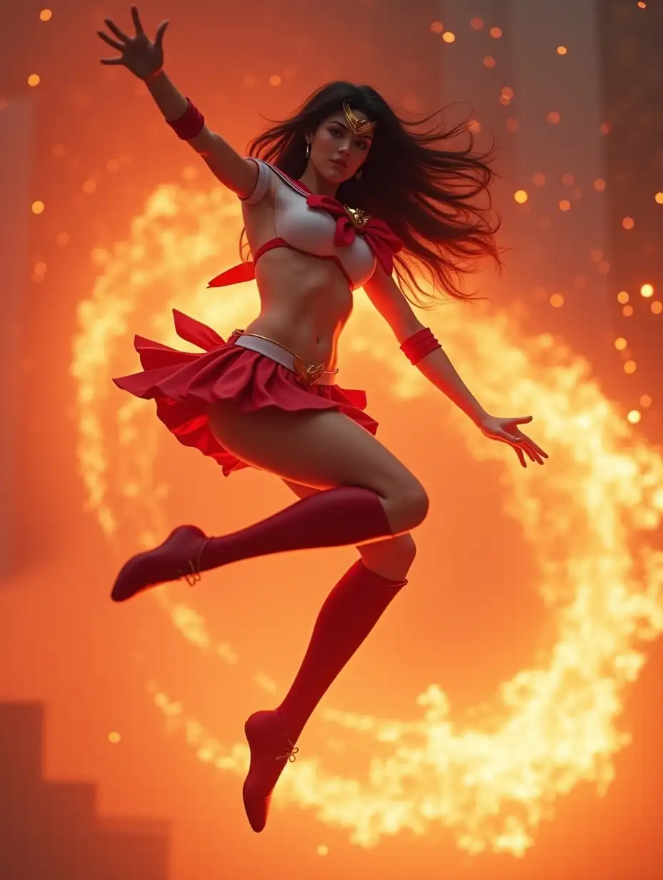 Glamour action shot of Sailor Mars leaps through the air, fire swirling around her in a dynamic display of her elemental powers. Sailor Mars, Leaping, Fire Power, Feminine sensual pose, Alluring pose, Octane Render, Unreal Engine 5, 8K, Ultra Realistic, Perfect Body, Sensual Body. --ar 3:2 --niji 5