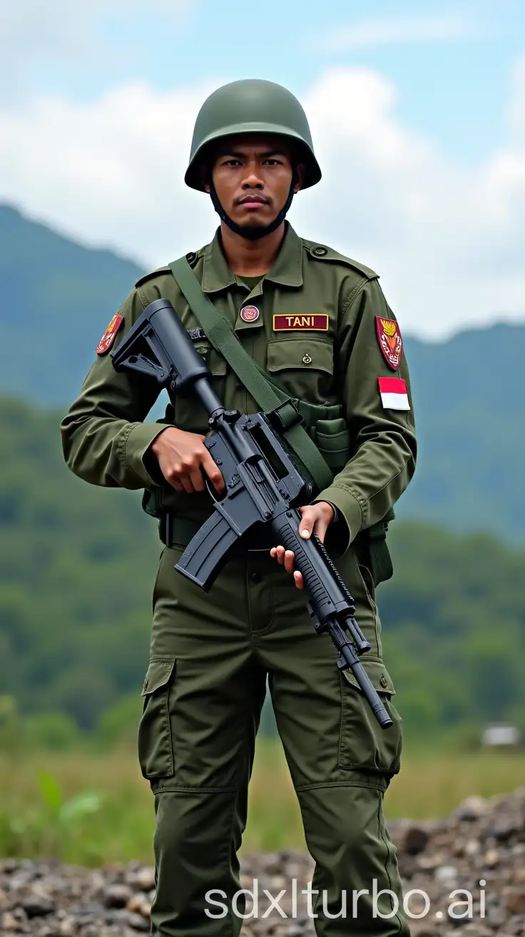 Indonesian-Soldier-in-Military-Uniform-Against-Scenic-Mountain-Backdrop