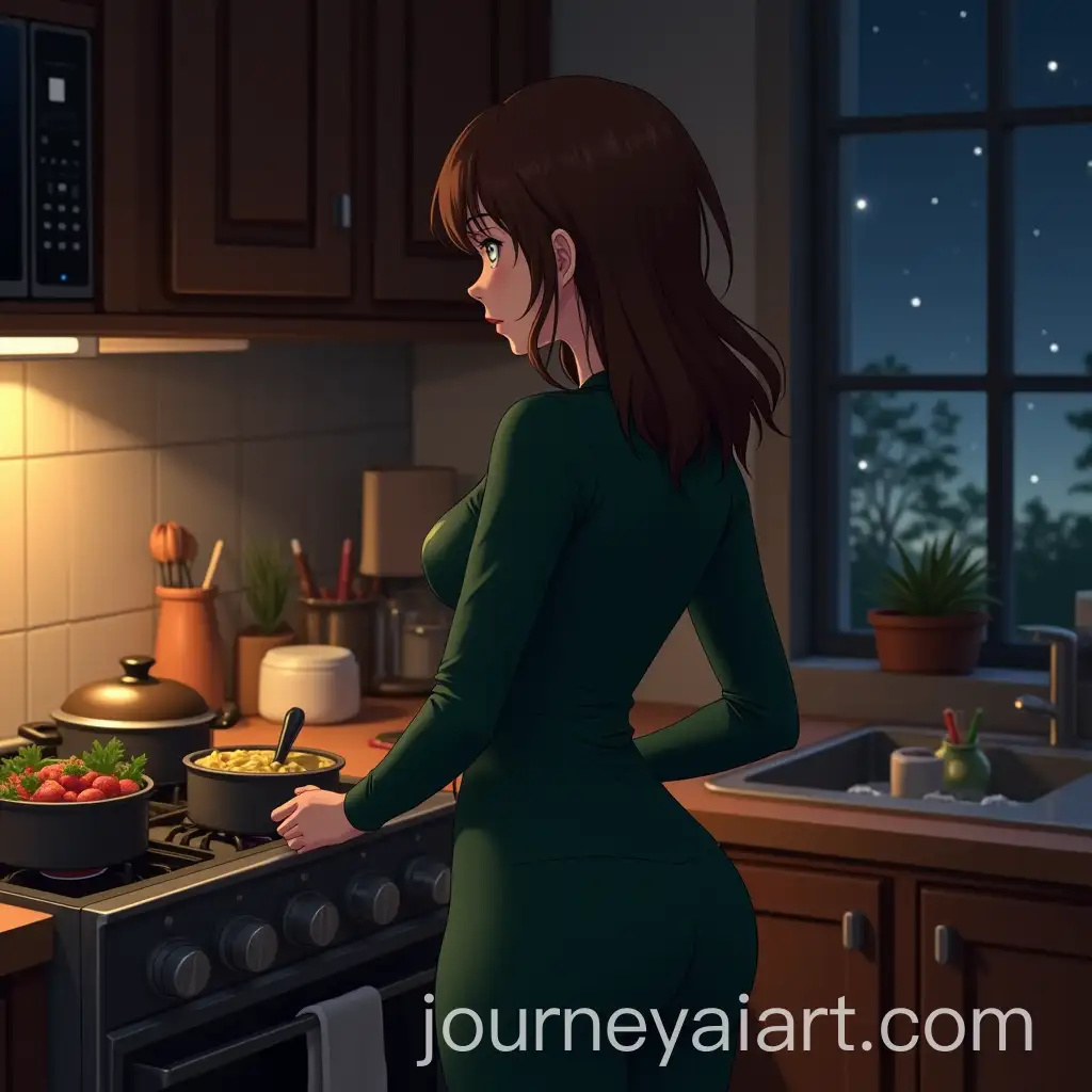 Woman-Cooking-in-Cozy-Kitchen-at-Night-with-Warm-Lighting