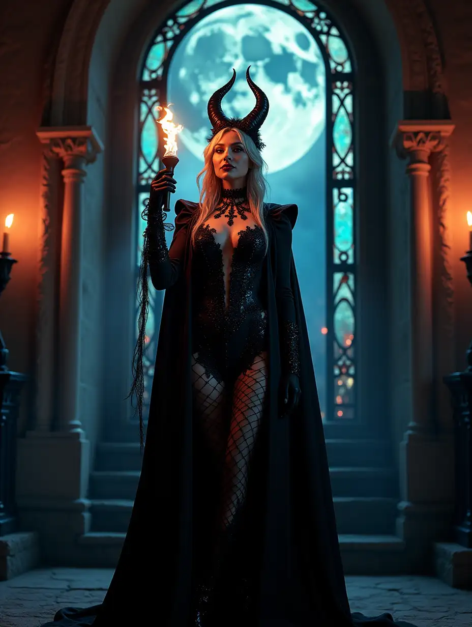 Vampire-Queen-in-Luxurious-Gothic-Outfit-in-Castle-Hall-at-Night