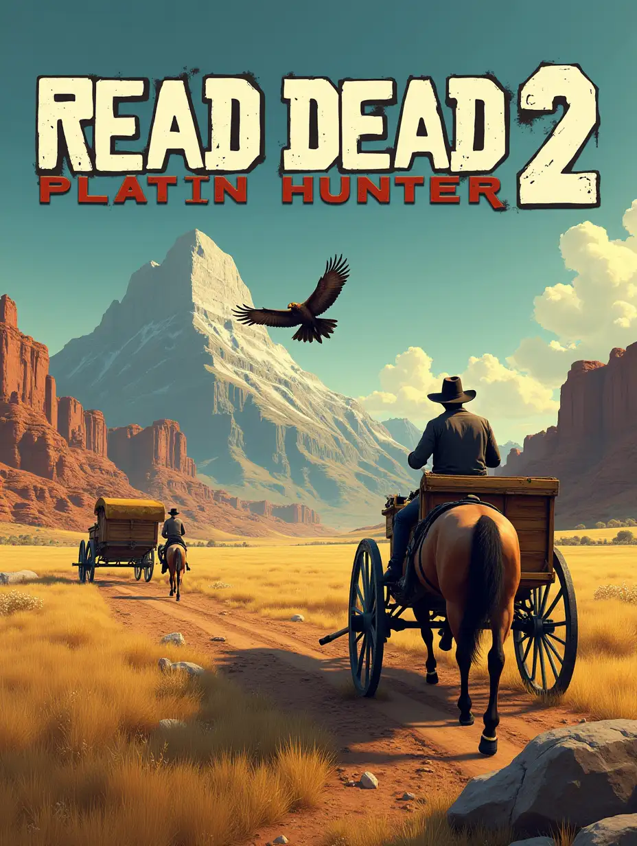 make me a read dead 2 movie poster with the title in the upper part very large in read dead font 'READ DEAD 2 PLATIN HUNTER'nOn the poster you can see a cowboy with a hat pulled low over his face, he is standing on the side of the road in the prairie next to a carriage with a broken axle, one leg on a wooden box of dynamite, he is aiming his gold-plated varmint rifle at a flying eagle in the distance. use the typical read dead 2 colors, with lots of details, in the background canyons and a huge mountain in the shape of a platinum trophy cup