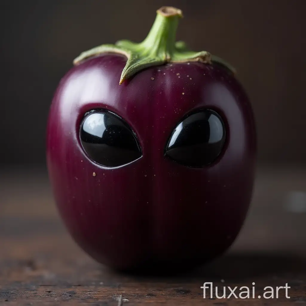 an eggplant with beady black alien eyes