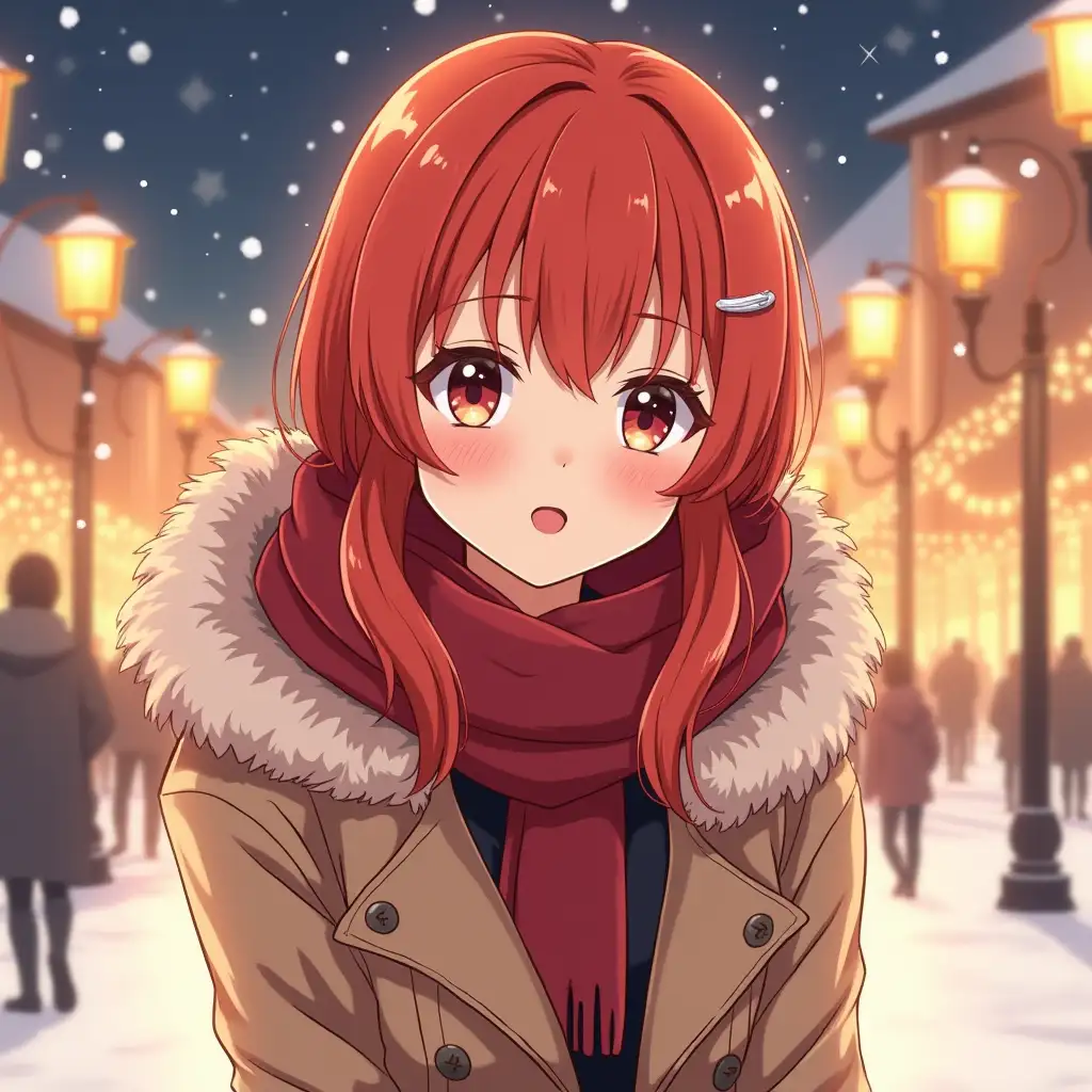 sexy redhead girl, anime style, cute smile, winter clothes, new year illuminations, bright background, by Makoto Shinkai