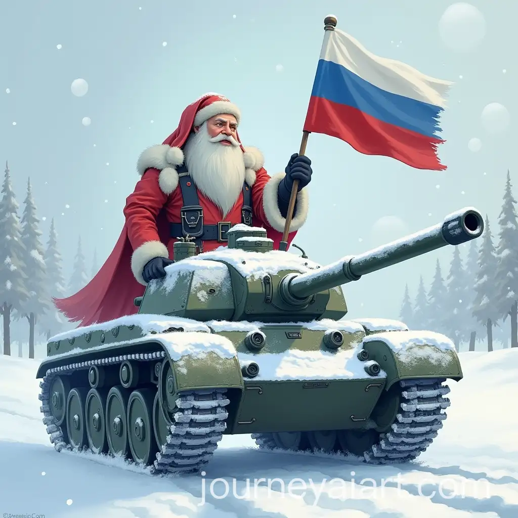 Father-Frost-Holding-Machine-Gun-with-Snow-Maiden-on-Tank-with-Russian-Flag