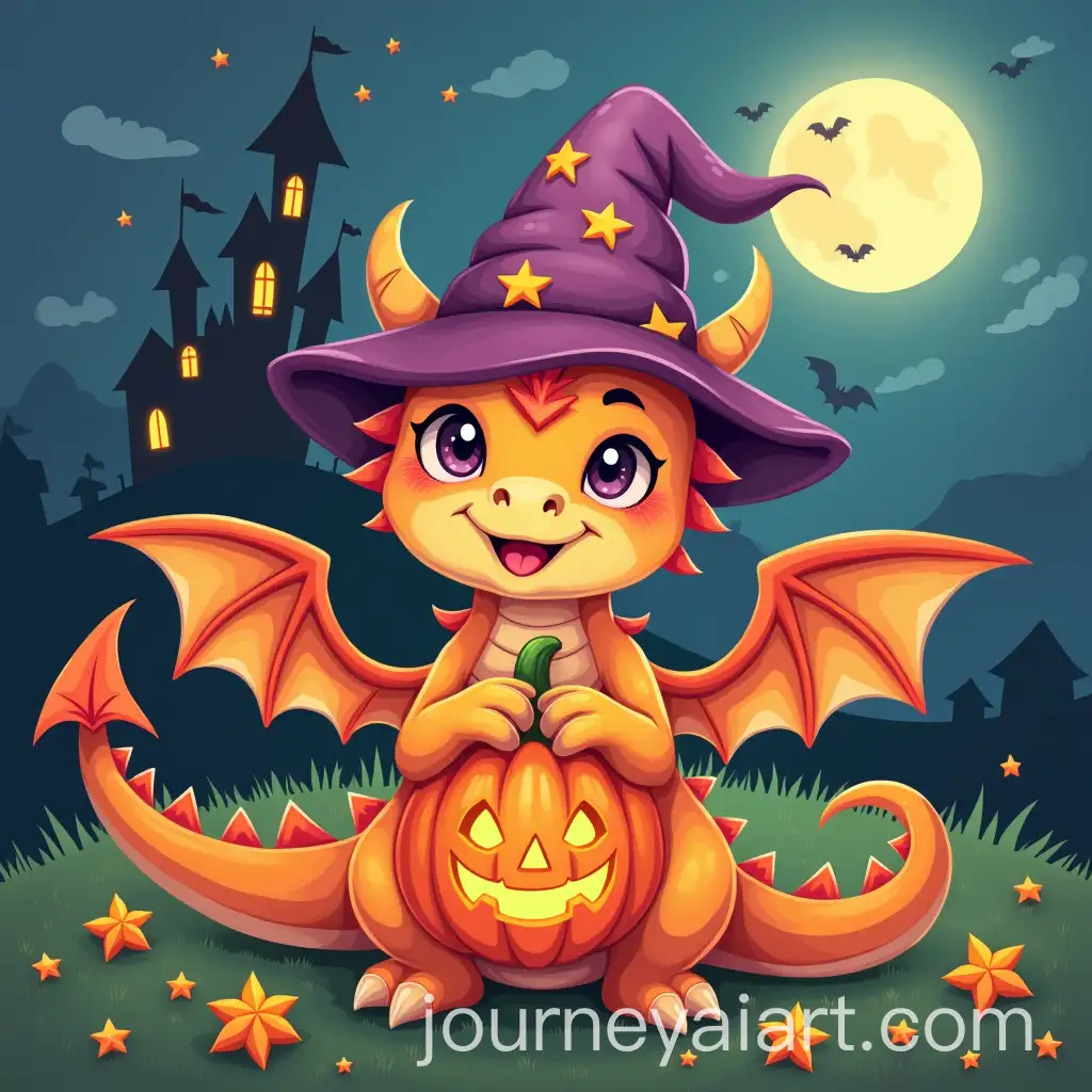 Cute-Dragon-Wearing-Wizard-Hat-with-Pumpkin-and-Spooky-Castle