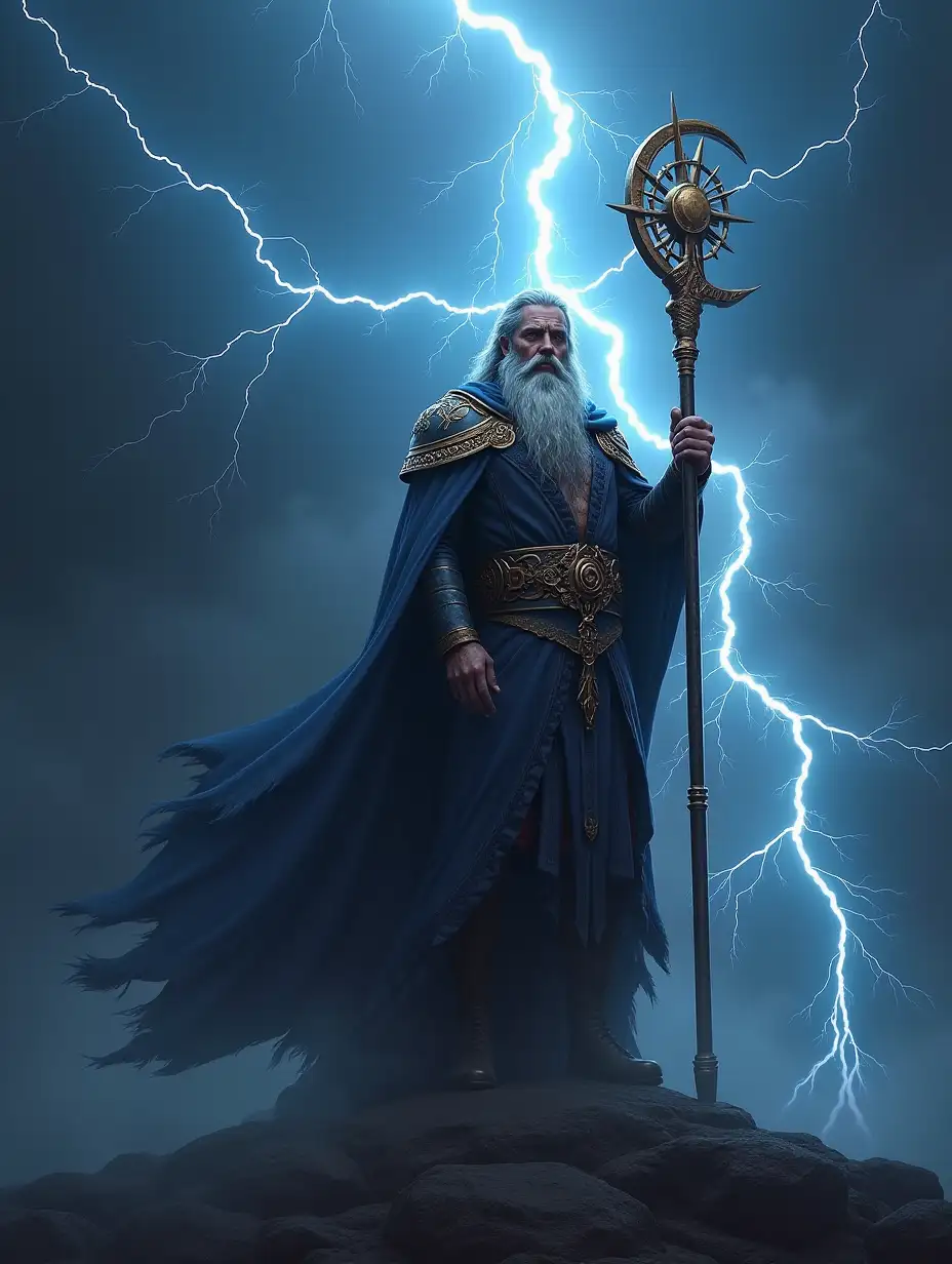 God of Thunder, holding a staff, with lightning behind