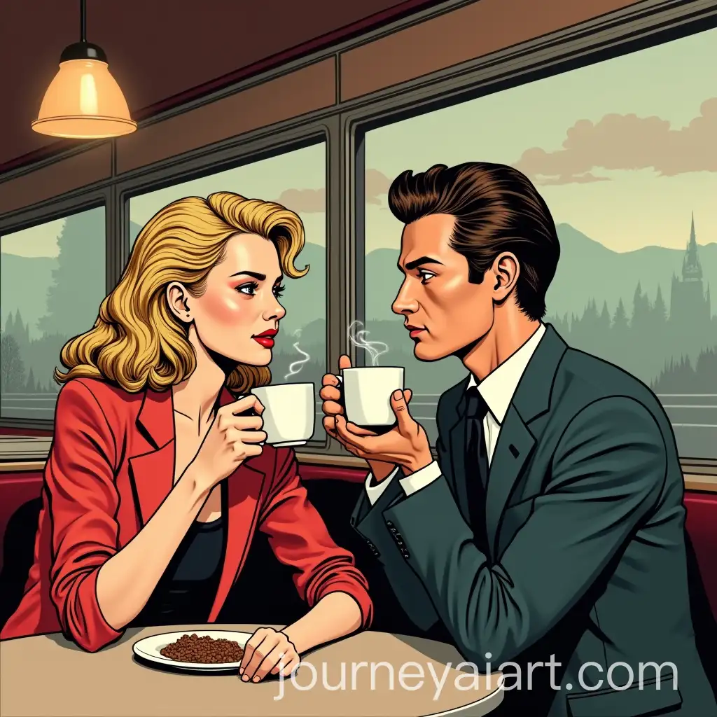 Laura-Palmer-and-Agent-Cooper-Drinking-Coffee-in-a-Diner-Indie-Illustration-Style