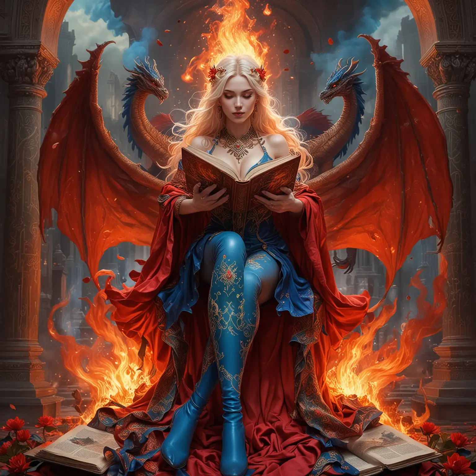 Adolescent Sorceress Empress with Fiery Wings and Mystical Tattoos