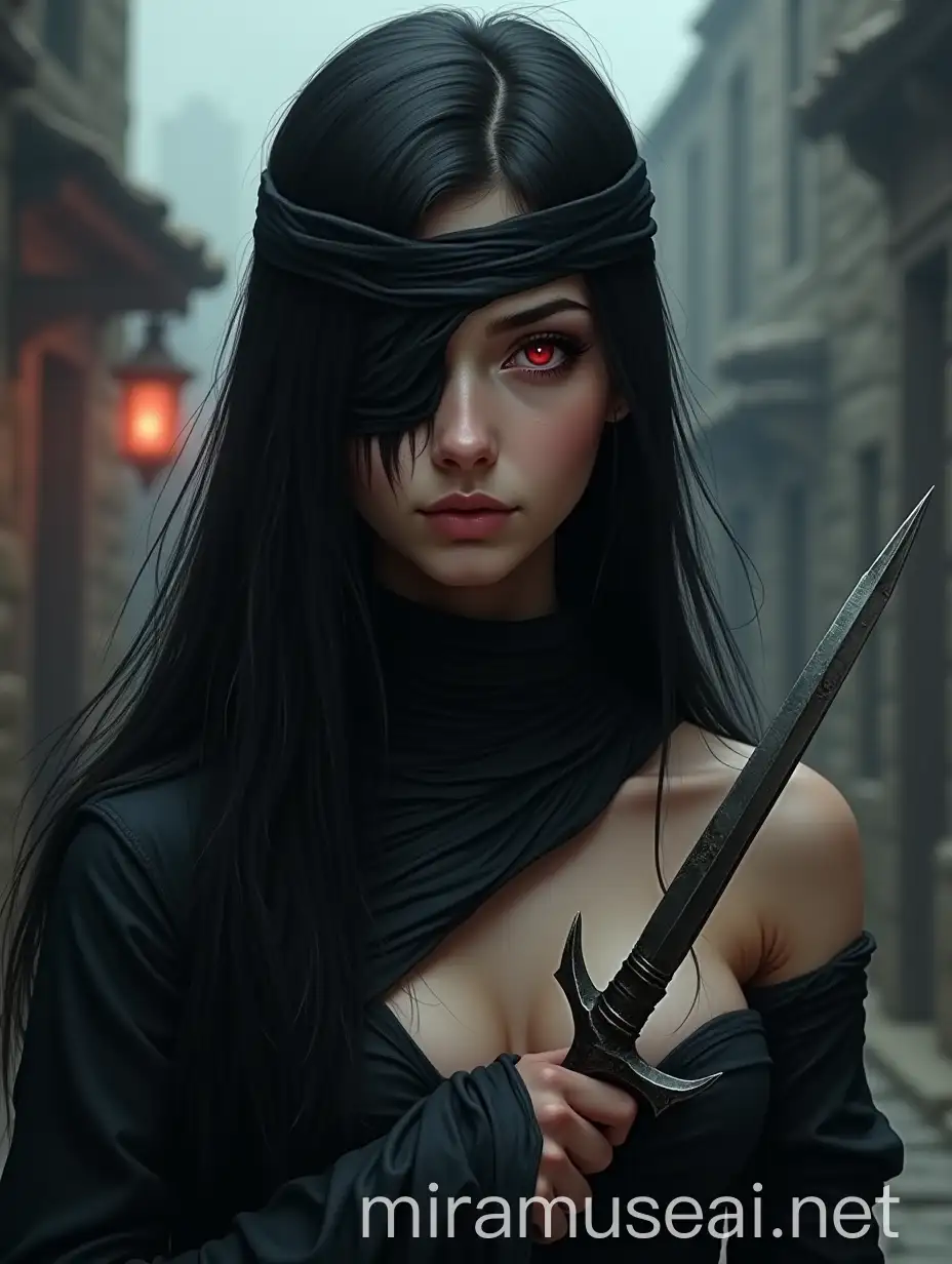 Dark Fantasy Woman with Red Iris and Magic Dagger in Medieval City