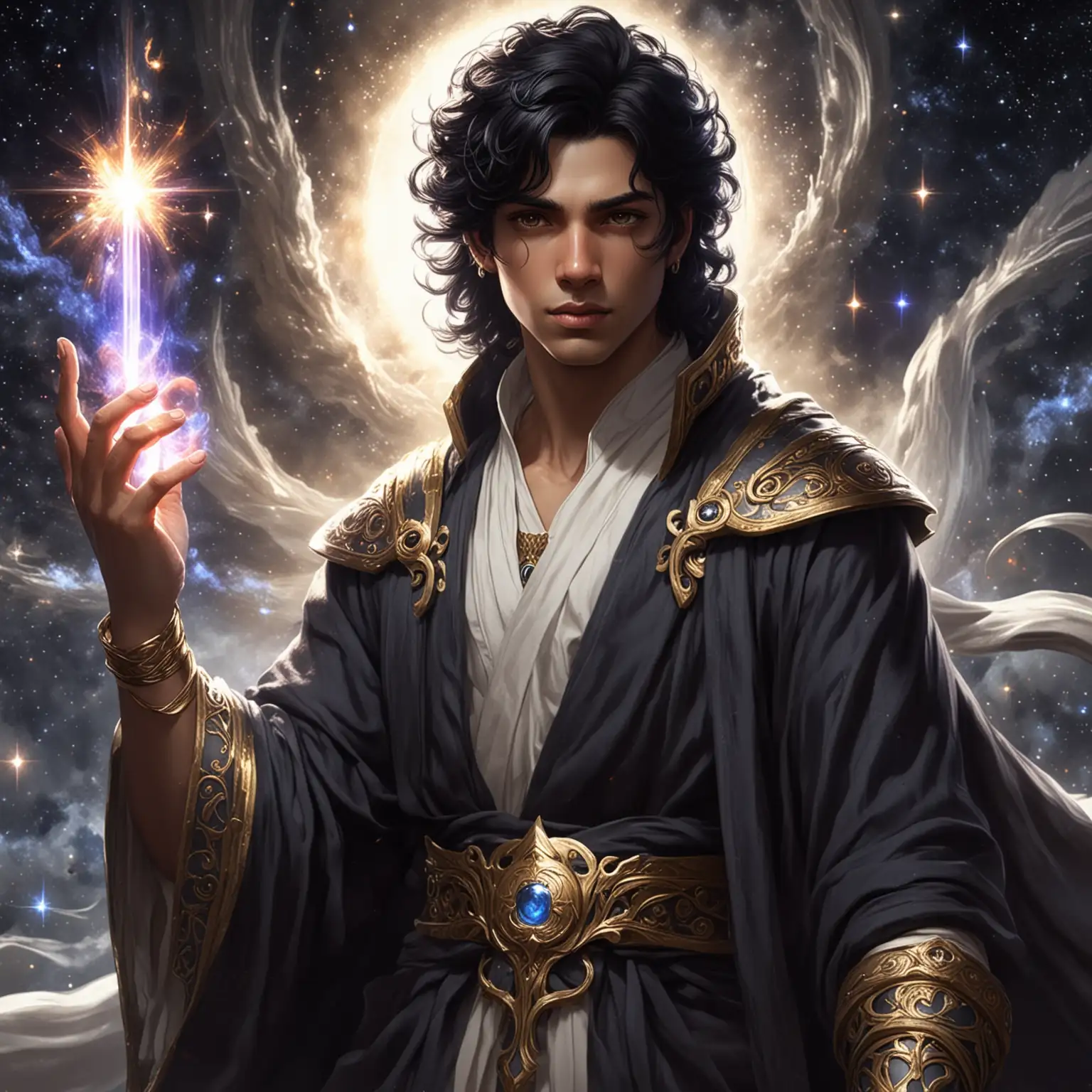 Male-God-of-Wisdom-with-Black-Hair-Surrounded-by-Galaxy-and-Ancient-Scrolls