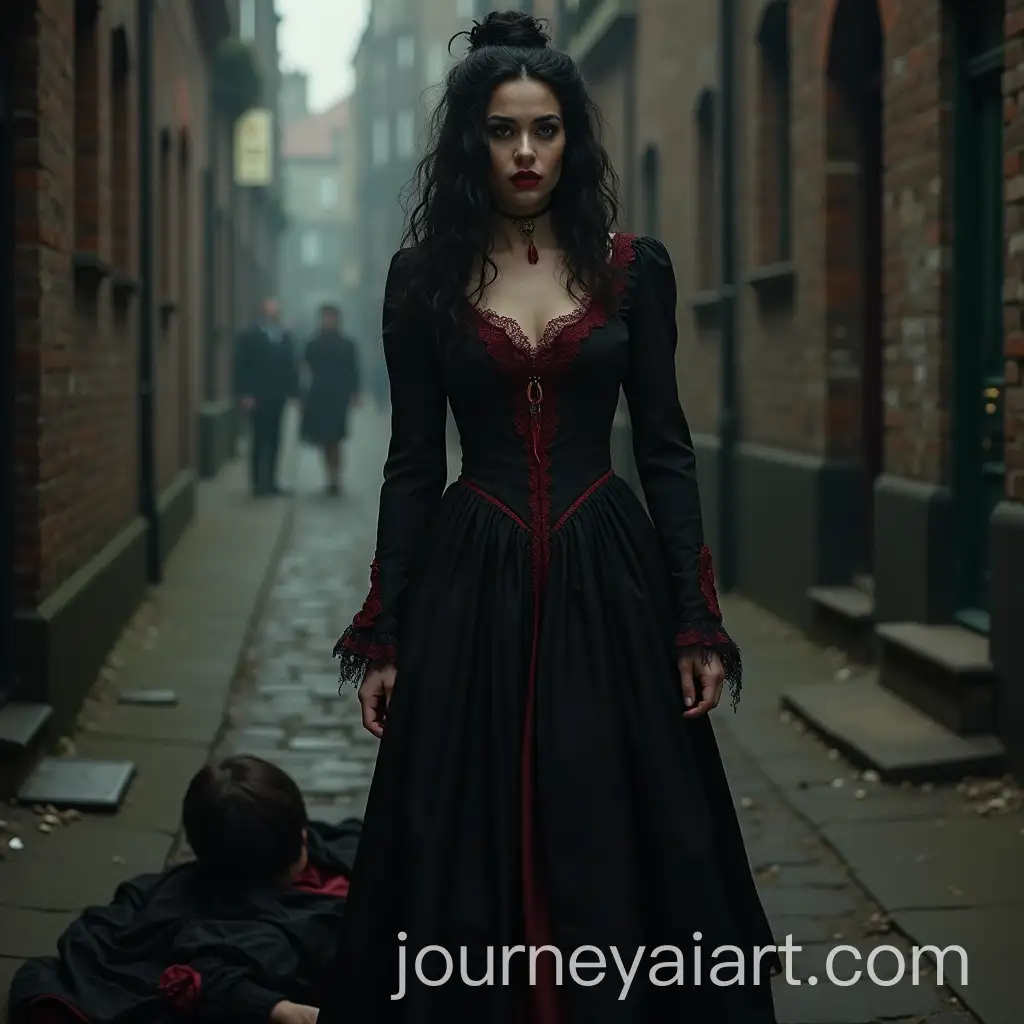 Female-Vampire-in-Victorian-Dress-with-Blood-Dripping-in-1820s-Whitechapel-Alley