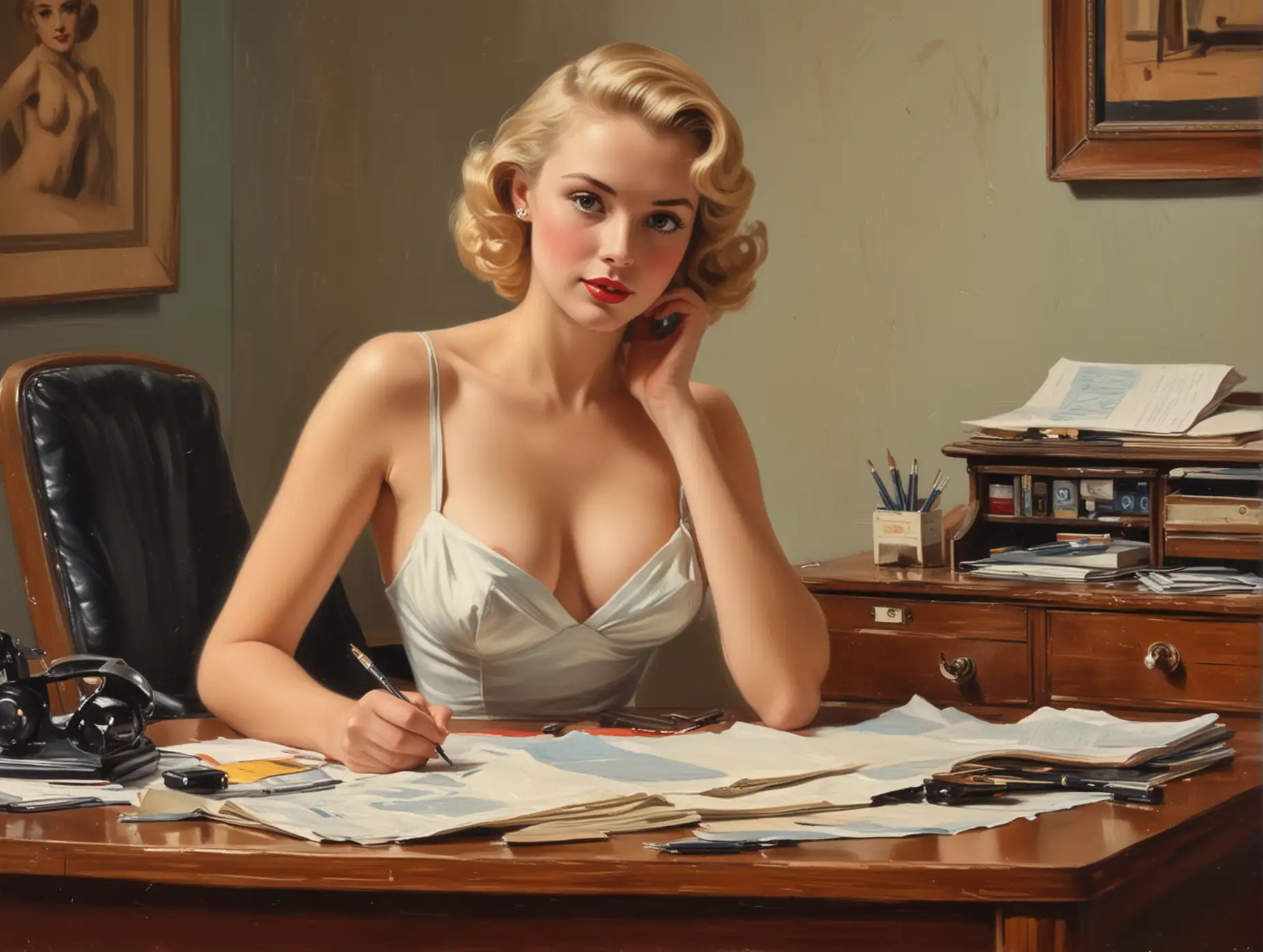 1950s-Portrait-Painting-of-a-Nude-Blonde-Woman-Behind-an-Expensive-Desk