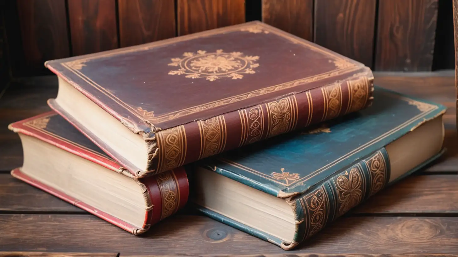 old closed thick books in decorative covers lay on the wooden table