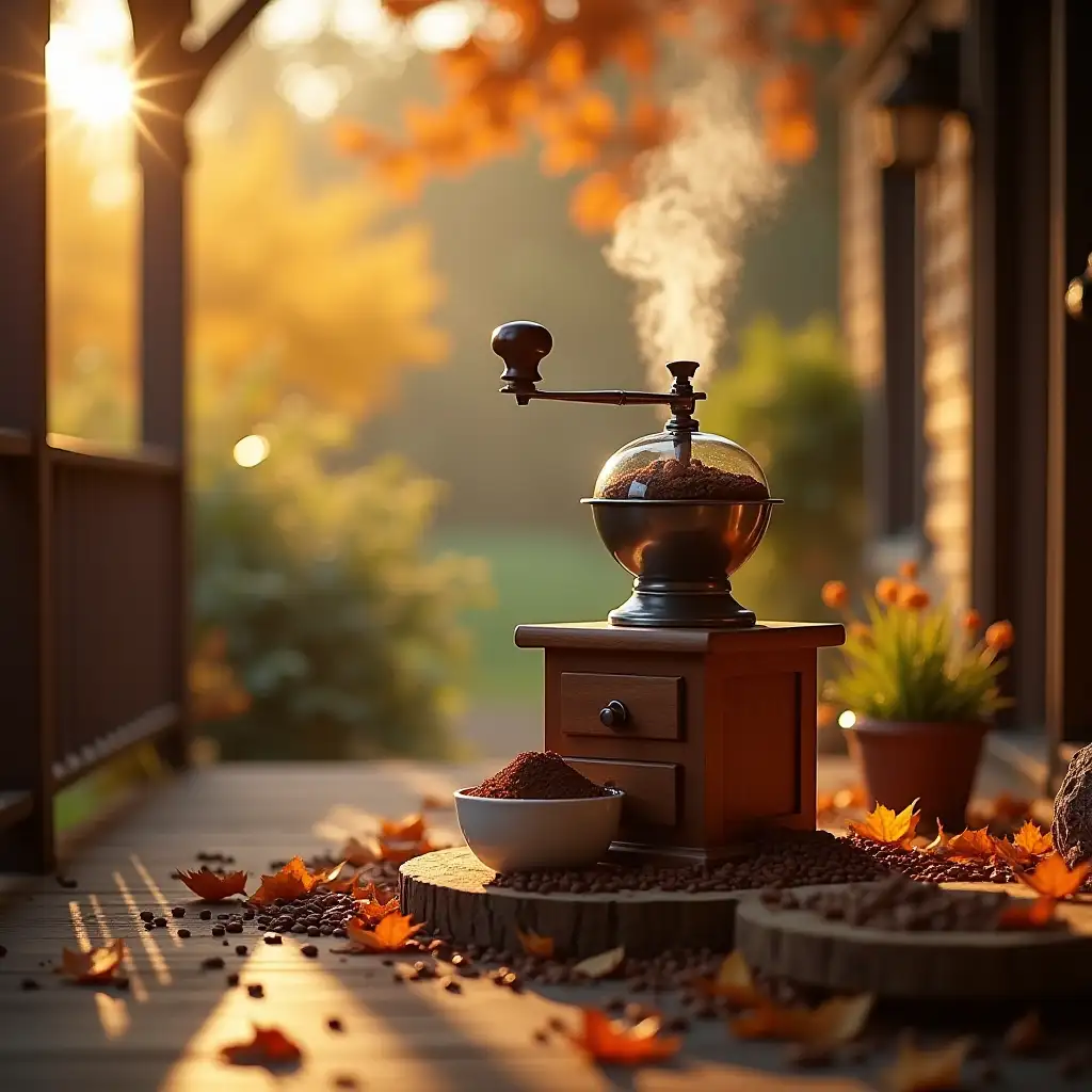 Coffee grinder, rustic autumn veranda, high-tech contrasting vintage surroundings, golden hour sunlight, Hasselblad H6D-400C, tilt-shift lens, 16K resolution, hyper-realistic textures, falling leaves bokeh, product showcase