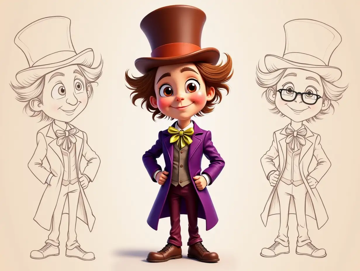 Create a cartoon character inspired by Willy Wonka from the 2005 film Charlie and the Chocolate Factory. The character should be dressed in a purple suit and hat. Be sure to include white glasses, as in the film. Draw Willy Wonka in different poses, preferably five poses and with different emotions. The atmosphere should be bright, conveying a sense of magic and adventure.