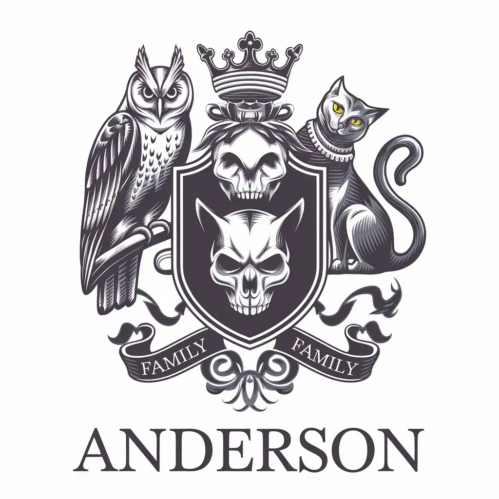 LOGO Design for Anderson Regal and Mystical Cat and Owl Family Crest with Skull Elements