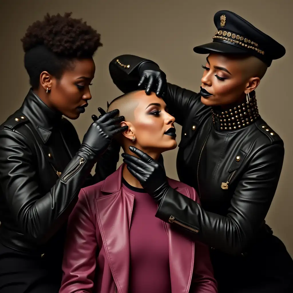 Three-Black-Women-Applying-Makeup-to-Cynthia-Erivo-in-a-Bold-Leather-Style