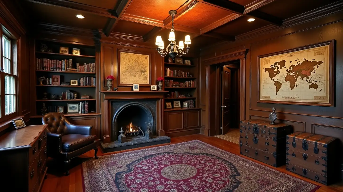 old-fashioned office/parlor with a fireplace and chandelier. Secret doors behind book shelves and map paintings. Several antique trunks next to the wall.