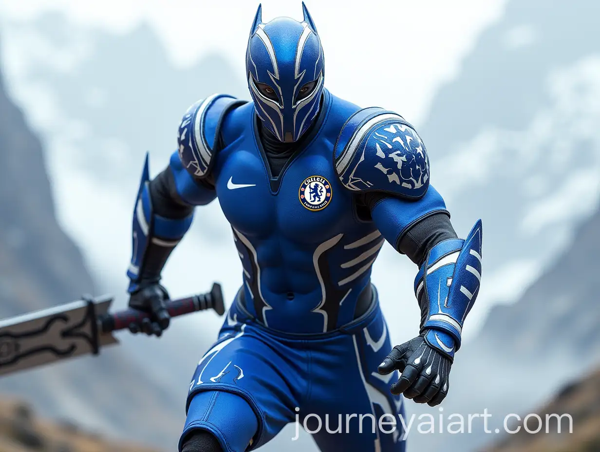 Futuristic-Chelsea-Football-Club-Warrior-with-Massive-Blade-in-Mountainous-Setting