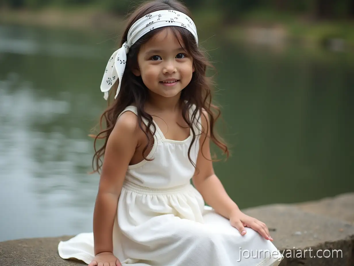 Beautiful-Young-Girl-Sitting-by-the-River-in-White-Dress-with-Bandana