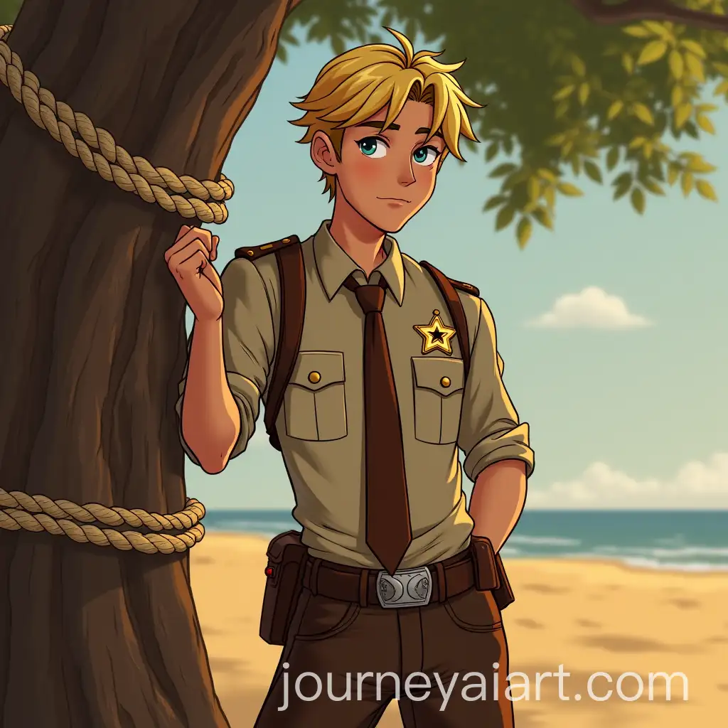 Young-Male-Deputy-Sheriff-Tied-to-Tree-with-Boxers-Visible-in-Bright-Sunlight