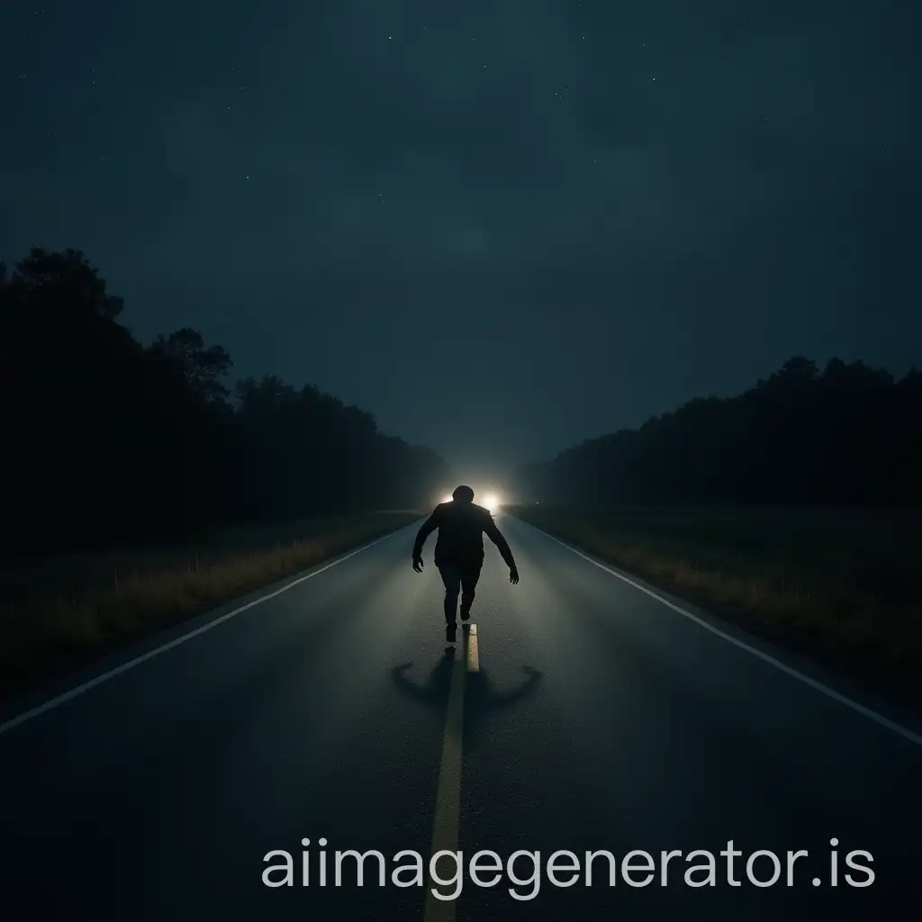 Photorealistic image of a human-like figure running on all fours in the middle of a completely empty highway at night. The posture is unnatural or eerie, with long shadows cast by faint lighting or distant headlights. The surrounding area is dark, with trees or open fields on either side and a cloudy or starry night sky. The scene evokes a feeling of unease, mystery, or surrealism. Cinematic dark style with high contrast between the figure and the empty landscape.