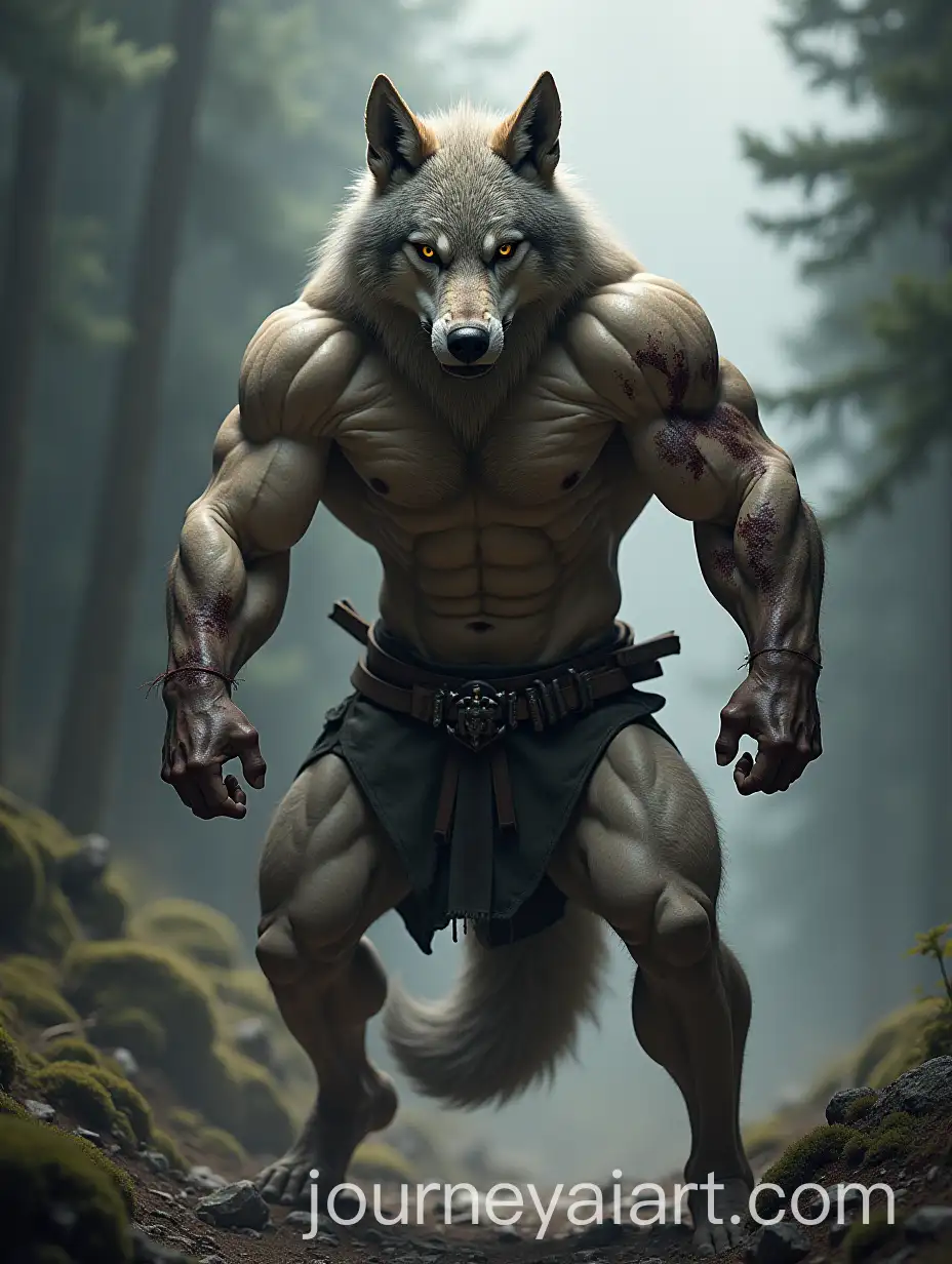 Muscular-Wolf-in-Combat-Stance-Amongst-Forested-Mountains